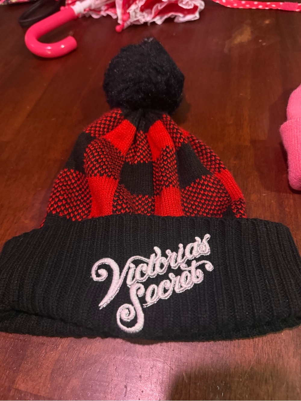 Victoria's Secret Black & Red Pom Pom Kids Beanie